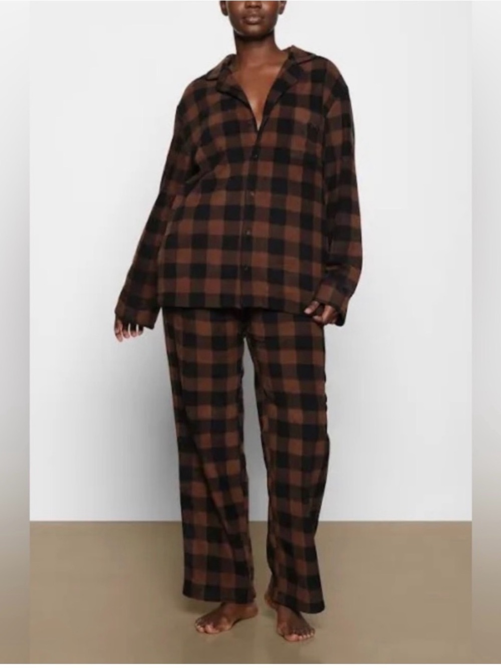 SKIMS Brown and Black Plaid Button-Front Pajama Set